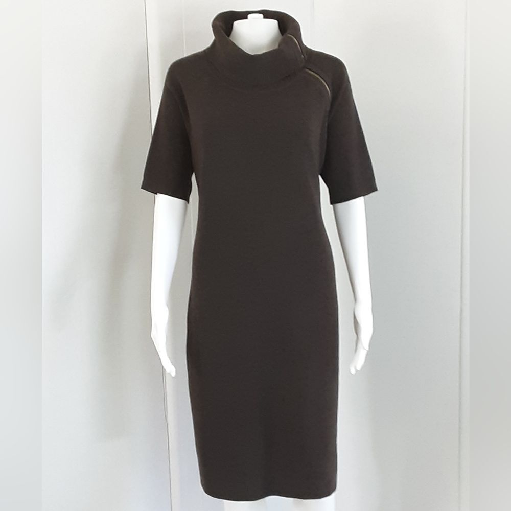 CALVIN KLEIN Brown Asymmetric Zip Cowl Neck Career Knit Sweater Dress Sz XL